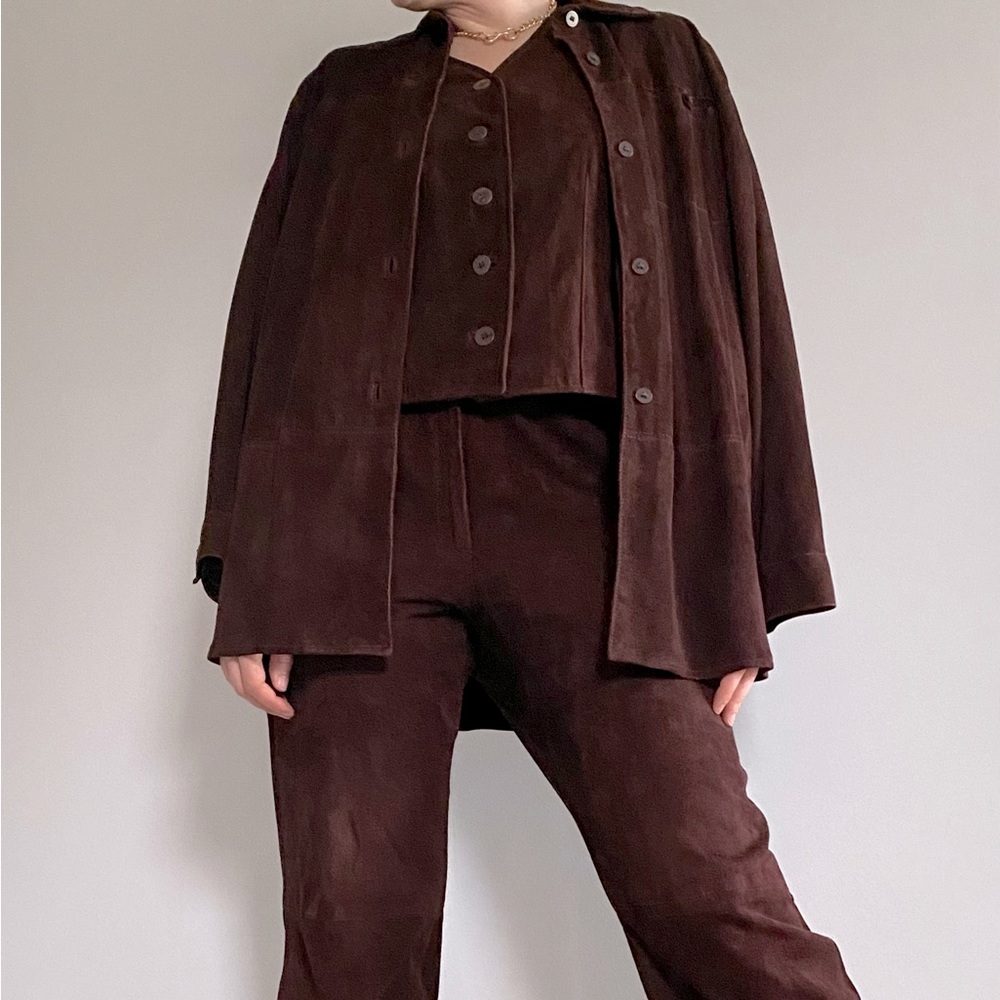 Burberry vintage dark brown long sleeved suede button up collared shirt